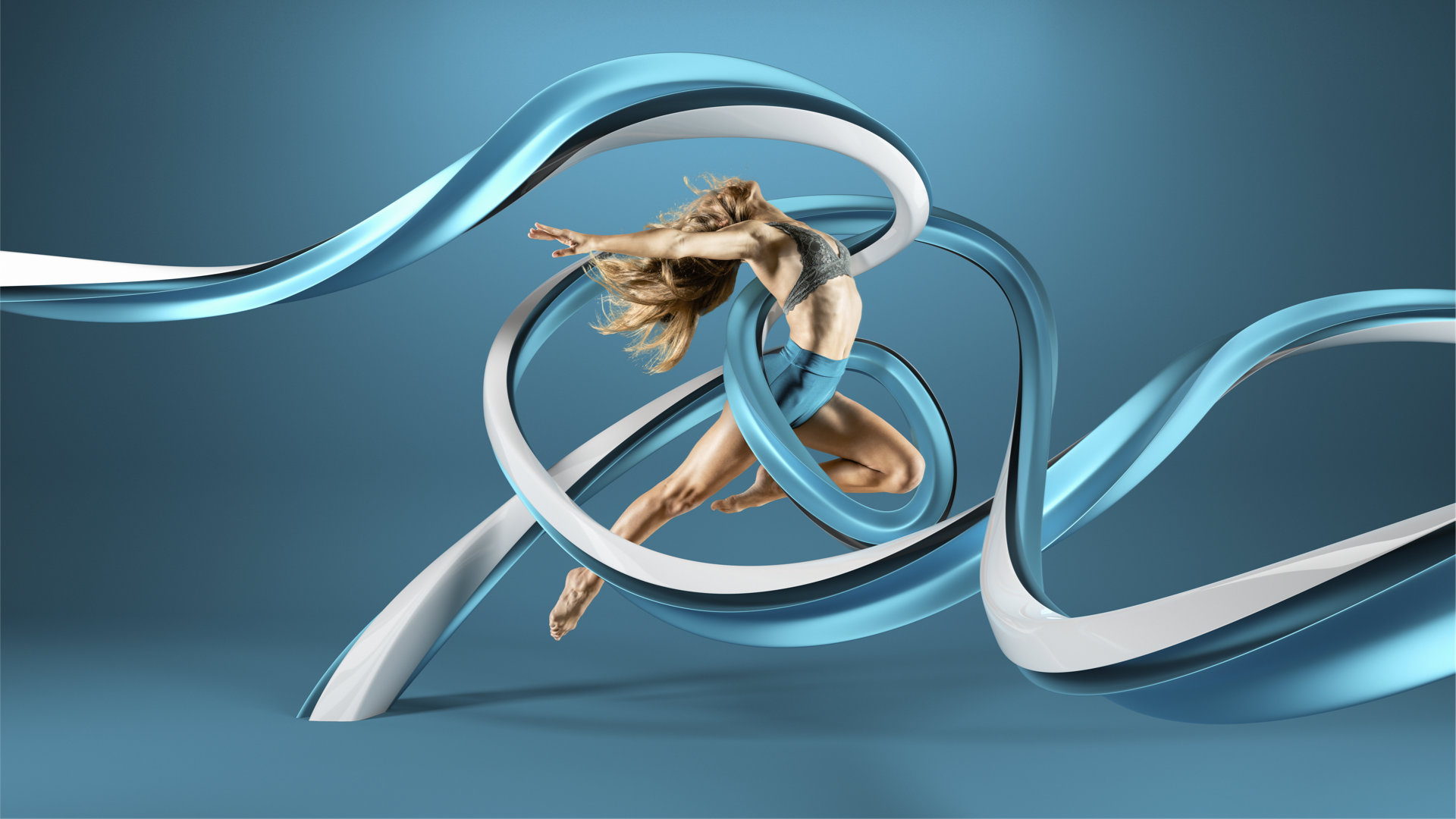 3D-Illustration einer Tänzerin mit verschlungenem Band.
