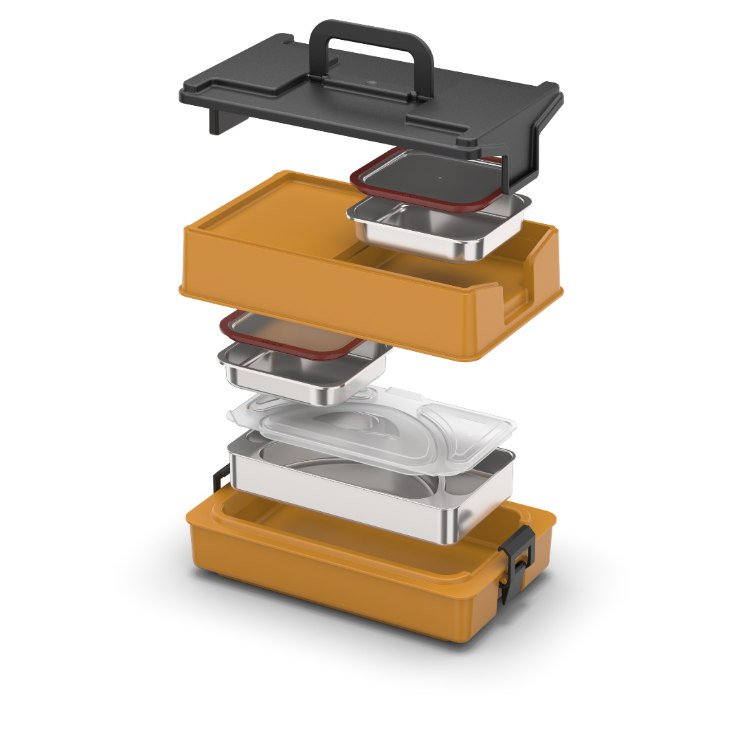 Produktvisualisierung des thermoport® 10 KW Set 1 (Perspektive, Explosionszeichnung). Set bestehend aus 1x unbeheizte Kunststoff Einzelportion-Isolations-Box mit Kaltfach + Zwischenteil & Deckel, 1x Edelstahl Speisenschale 3-geteilt + Deckel, 2x GN-Beilagenschale 1/6 32mm + Steckdeckel.