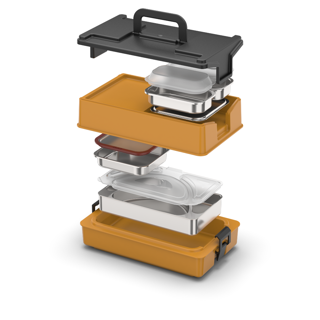 Produktvisualisierung des thermoport® 10 KW Set 2 (Perspektive, Explosionszeichnung). Set mit Kühlpellet bestehend aus 1x unbeheizte Kunststoff Einzelportion-Isolations-Box mit Kaltfach + Zwischenteil & Deckel, 1x Edelstahl Speisenschale 3-geteilt + Deckel, 1x GN-Beilagenschale 1/6 32mm + Steckdeckel, 1x Kühlpellet, 2x GN-Beilagenschale 1/9 22mm.