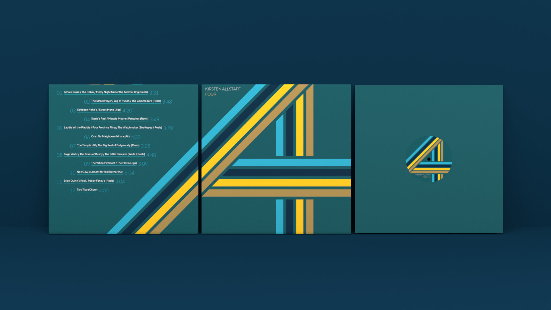 Aufgefächertes Plattencover Kirsten Allstaff – Four. Ansicht der Vorderseite, Rückseite und des Sleeves.