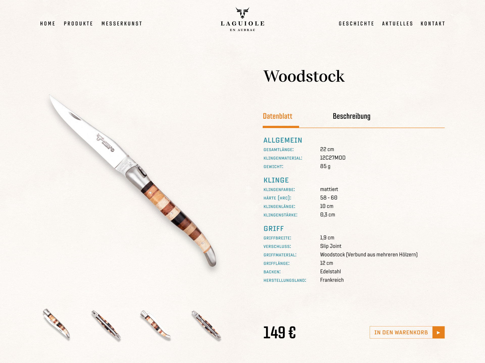 Webdesign für Laguiole: Produktdatenblatt